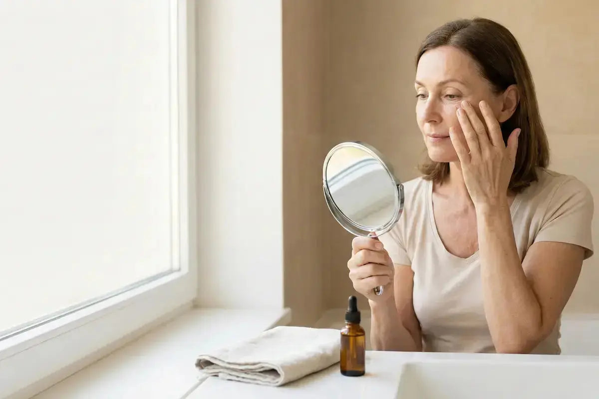 Woman in perimenopause examining dark circles under her eyes in a hand mirror, a common under-eye concern caused by hormonal changes and sleep disruption