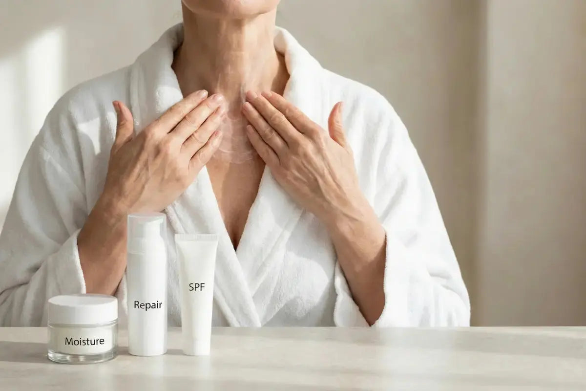 A woman with decolletage skin damage