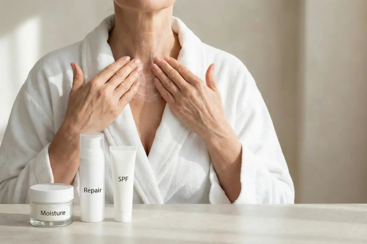 A woman with decolletage skin damage