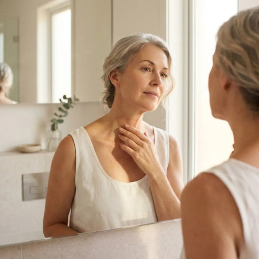 Australian woman in her 50s gently applying scar gel to a faded scar on her forearm in soft natural light at a kitchen window