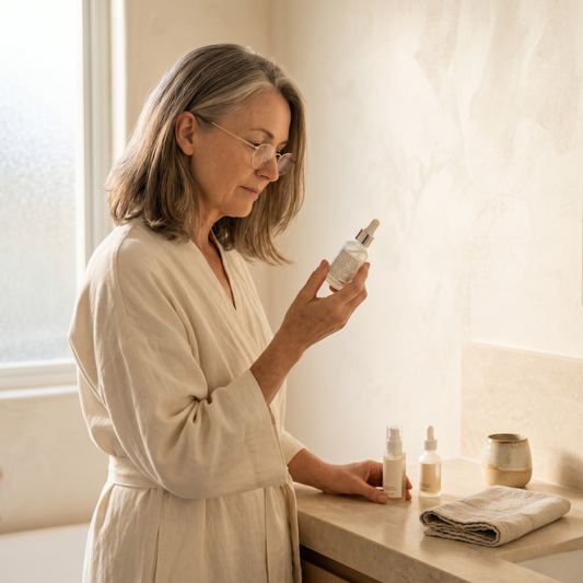 Australian woman in her 50s reading skincare label glasses bathroom
