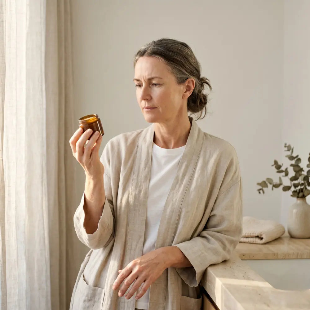 Australian woman in her early 50s standing at a bathroom vanity holding a small amber glass jar up to soft morning light, reading the label thoughtfully