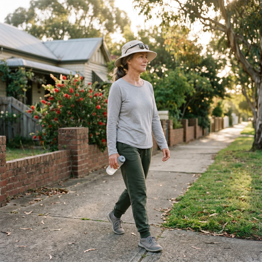 Australian woman over 45 walking suburban street for menopausal skin