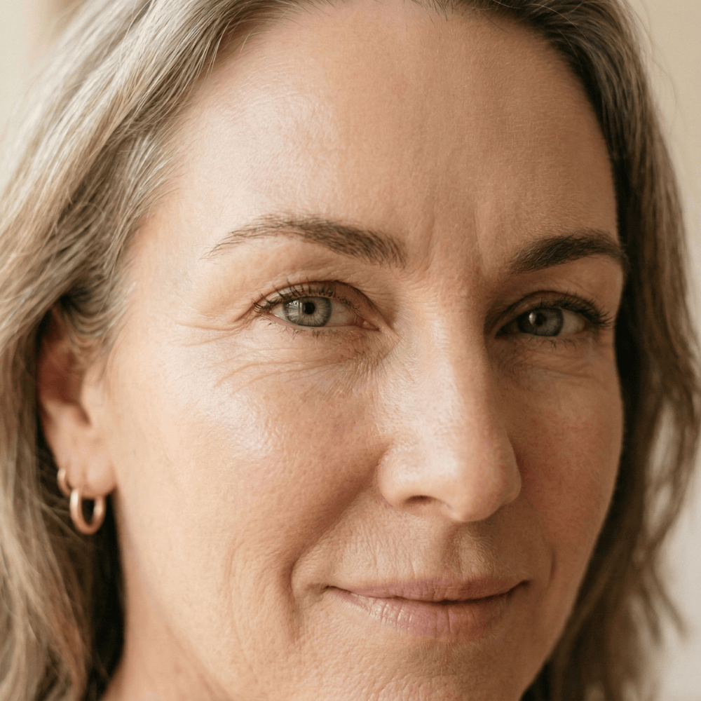 Woman in her 50s with under-eye puffiness, darkness and fine lines, the combined under-eye changes of menopause after 45
