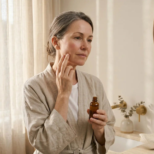 Australian woman in her late 40s in a soft linen robe pausing in a warm morning bathroom, fingertips resting on her cheek, amber dropper bottle in her other hand