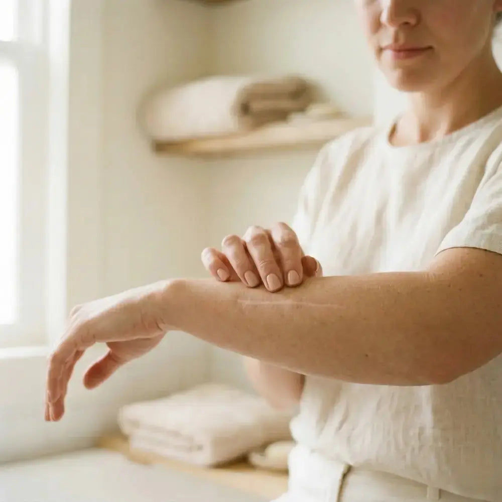 Woman gently touching her forearm to check a healing scar, soft natural light in a calm bathroom setting