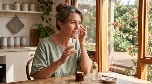 Woman in her late forties dabbing a rich eye cream under her eye with a serum bottle nearby