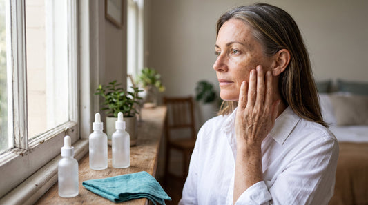 Woman in her fifties in daylight showing real age spots on her cheek and hand, with one small unbranded serum bottle beside a larger pair of bottles