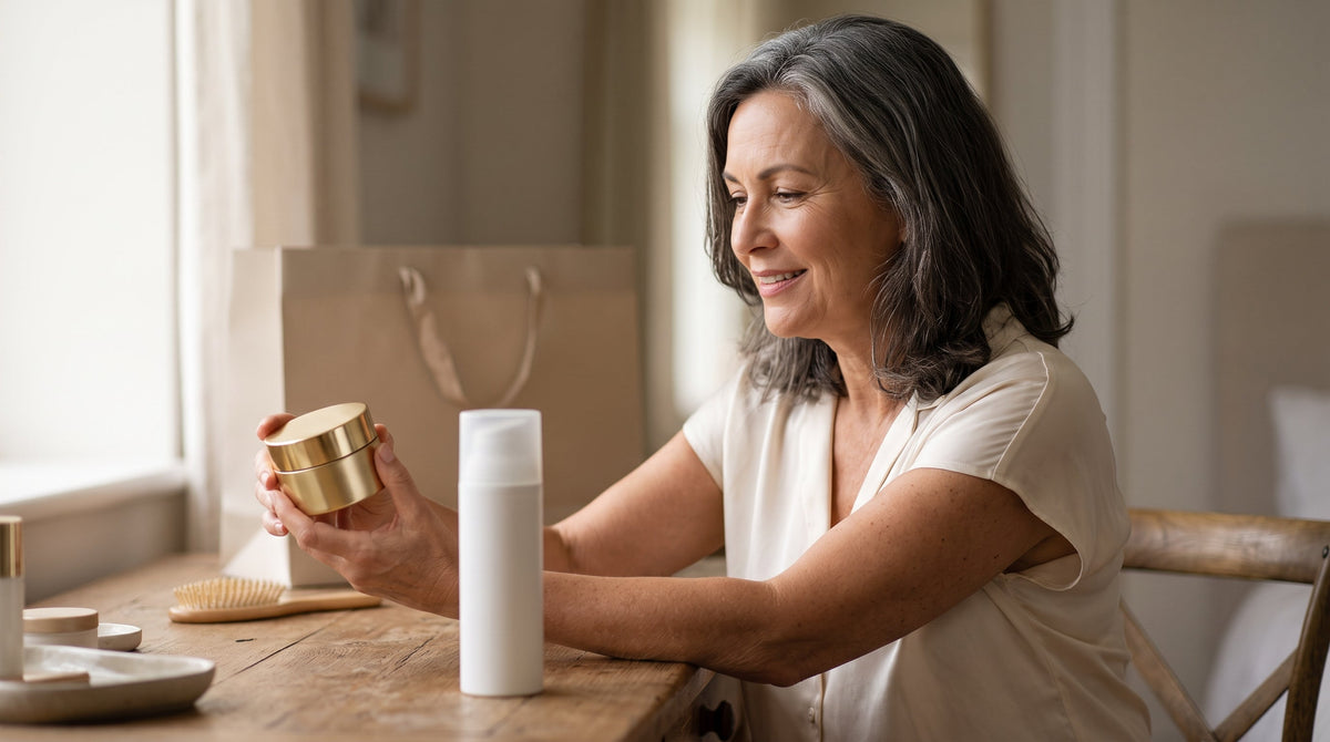 Woman in her fifties weighing a heavy department-store cream jar against a plain firming cream pump at a dressing table