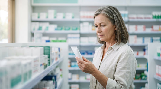 A woman in her fifties comparing a small tube of silicone scar gel in an Australian pharmacy aisle