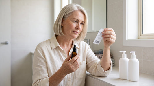 Woman in her fifties weighing an expensive dark spot serum against two plain serum bottles at a bathroom bench