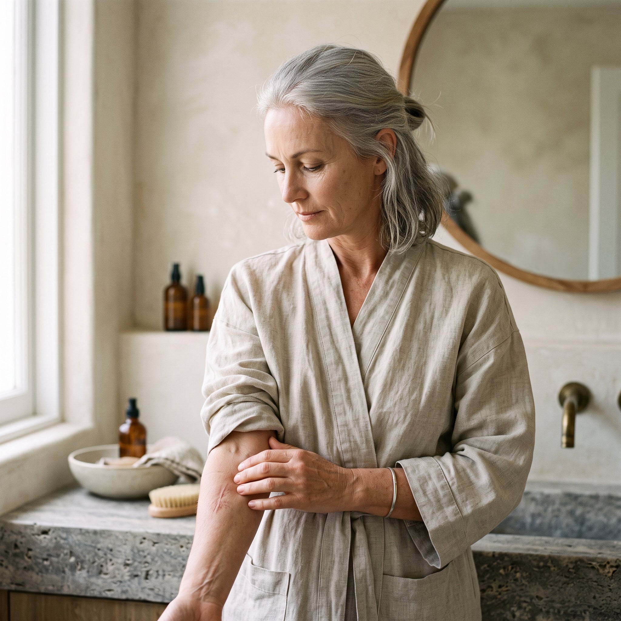 Woman in her 50s examining a raised keloid scar on her forearm, considering silicone gel treatment