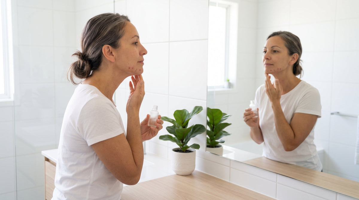 Woman in her late forties applying a clear serum to her jawline at a bathroom mirror