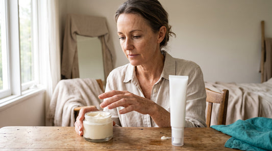 Mature woman at a dressing table comparing a thick unbranded jar cream with a lighter pump cream, weighing up a micro-sculpting cream after 45