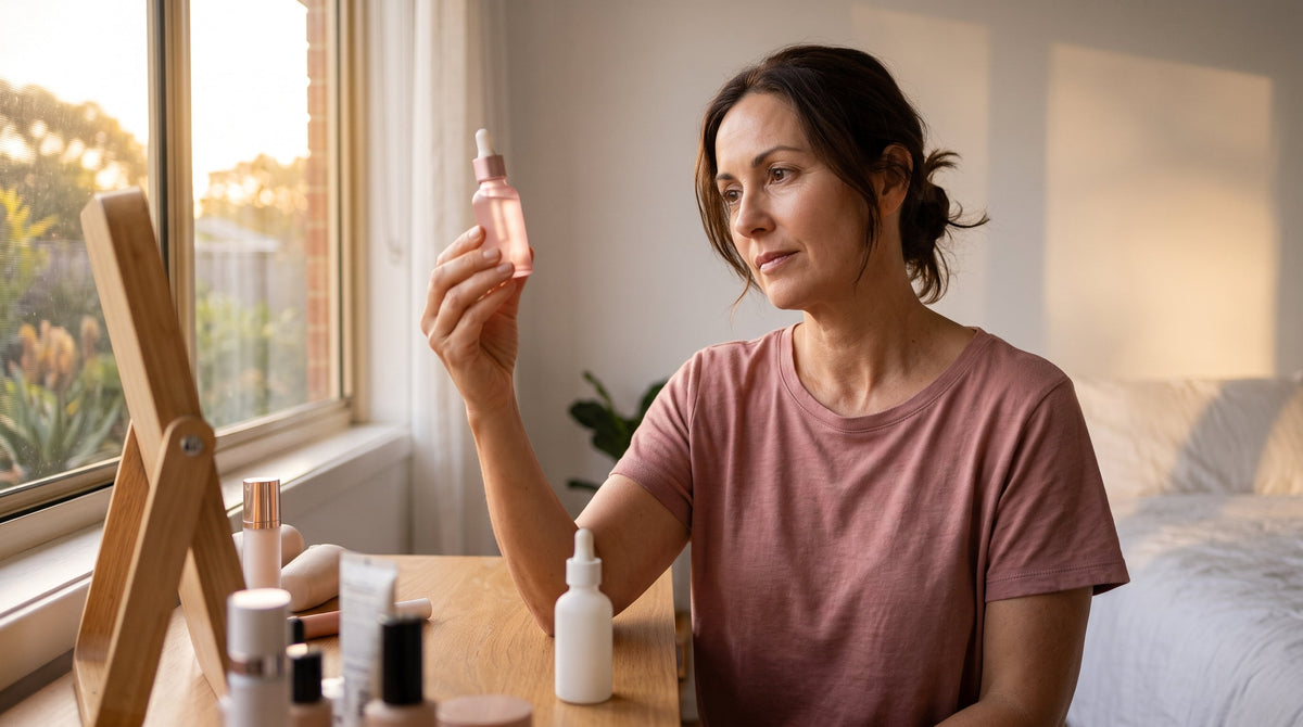Woman in her fifties reading the label of a trending PDRN serum at her dressing table