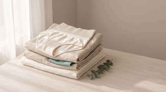 Tummy tuck scar care after 45: folded cotton and linen with eucalyptus in soft morning light