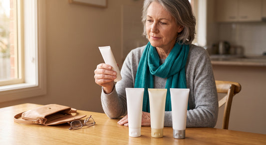 Woman over 45 choosing the plainest of three silicone scar gel tubes at a dining table, deciding between DermaScar Classic, Plus E and Platinum