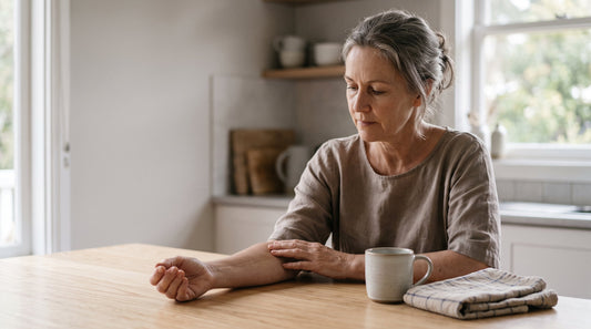 A woman in her fifties looking at a healed scar on her forearm at a kitchen table in morning light