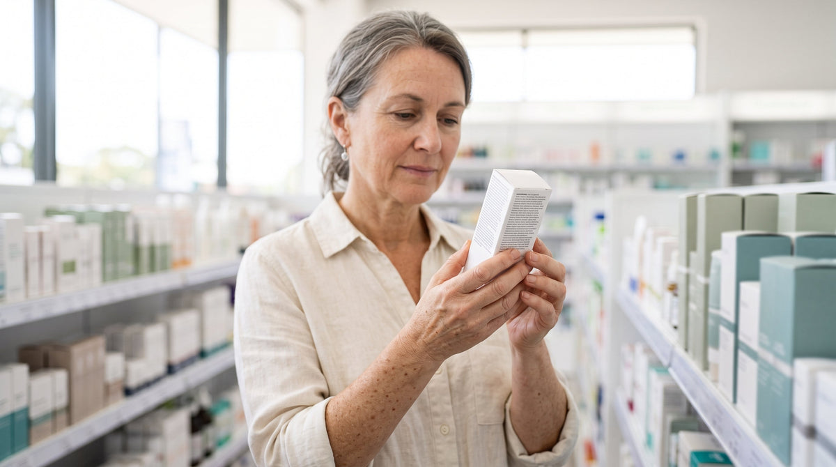 Woman in her fifties reading the ingredient list on a skincare box in a pharmacy aisle