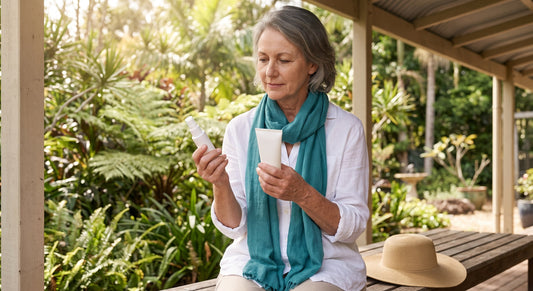 Woman over 45 on a sunny verandah comparing a silicone scar gel tube and a scar spray bottle, weighing up Kelo-Cote gel or spray in Australia
