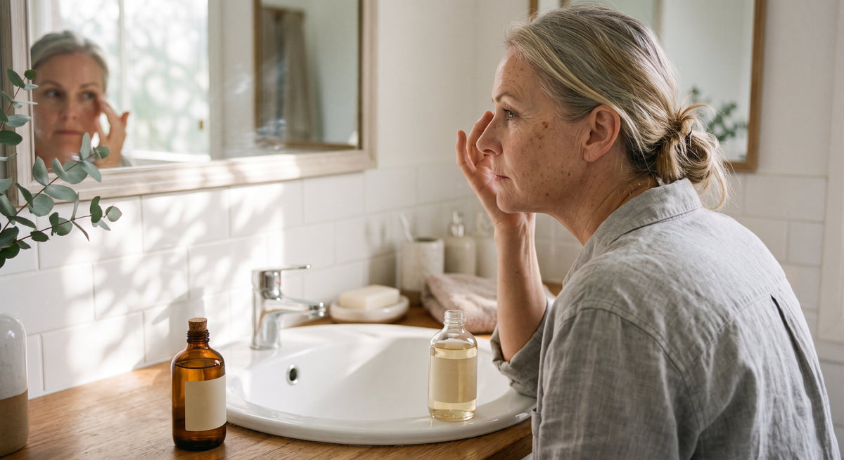 Woman in her fifties at a bathroom basin choosing between two unbranded eye products, comparing a retinol eye cream with a peptide eye serum after 45