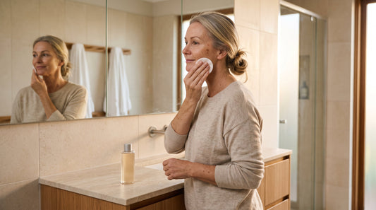 Woman in her fifties sweeping an exfoliating toner across her cheek with a cotton pad