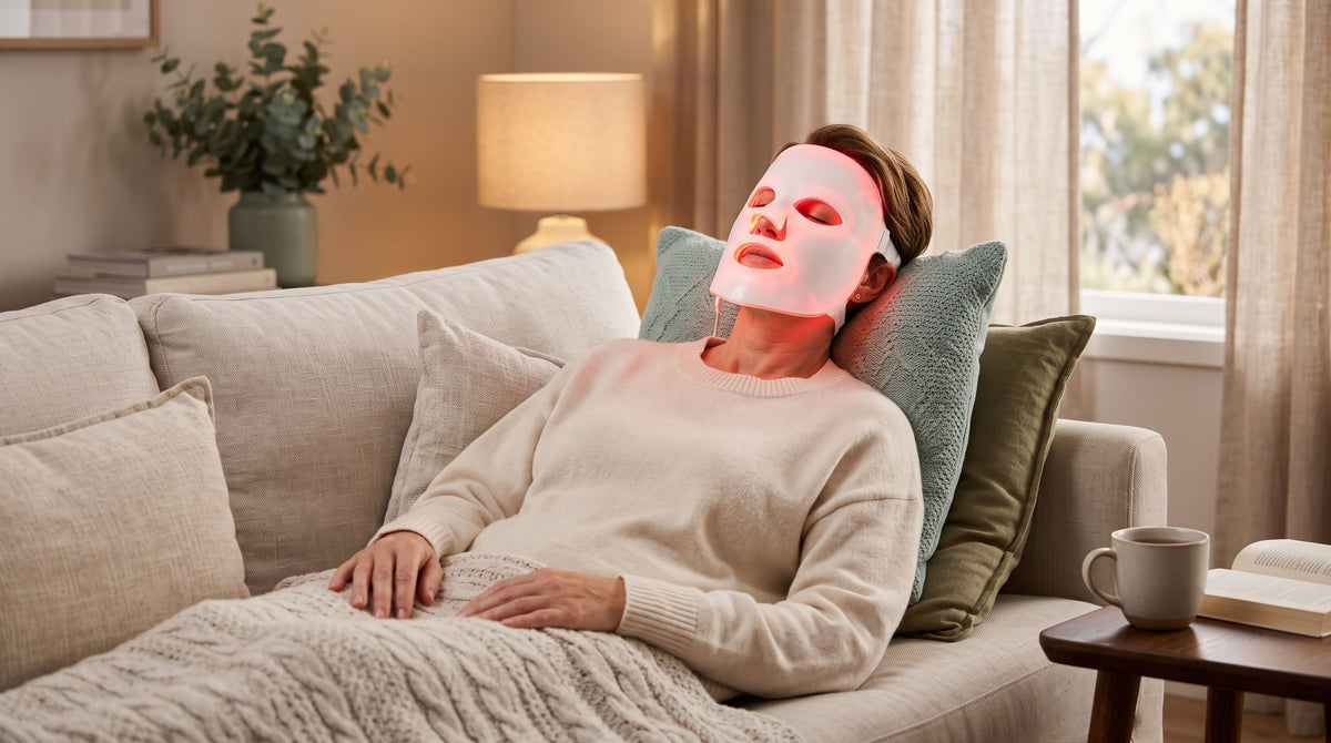 Woman in her fifties relaxing at home wearing a red LED face mask