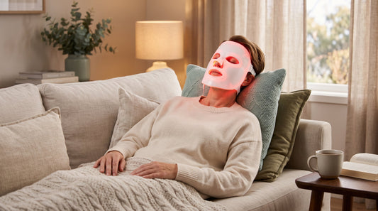 Woman in her fifties relaxing at home wearing a red LED face mask