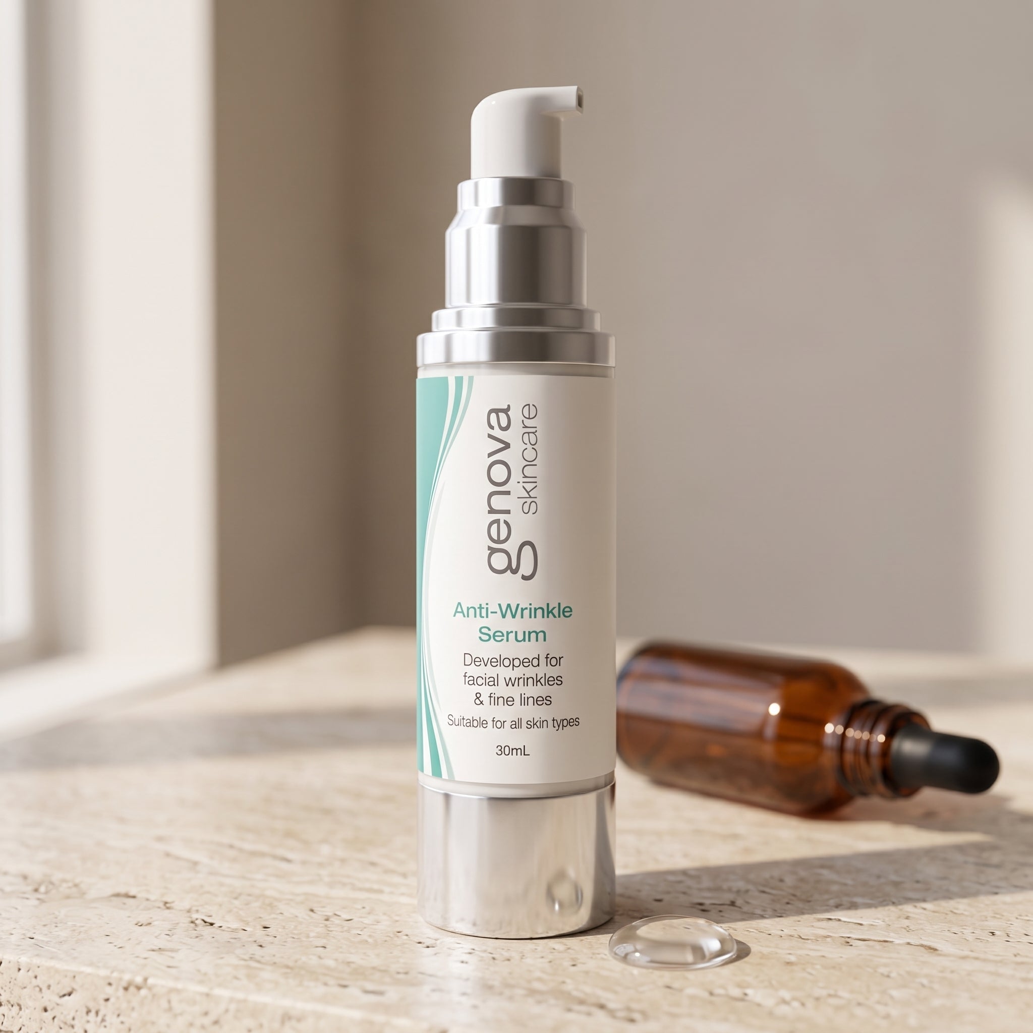 a bottle of genova anti-wrinkle serum on a marble benchtop