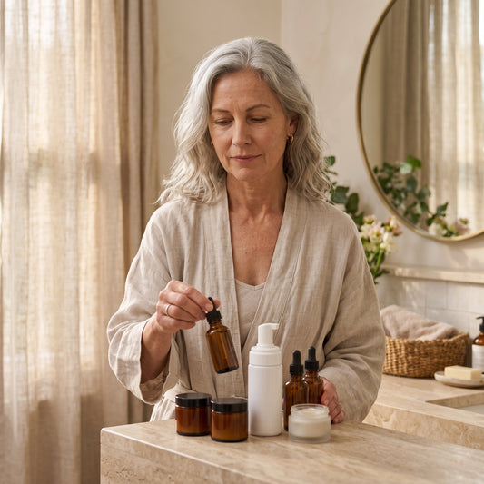 Woman in her 50s choosing non-hormonal alternatives to estrogen face cream for menopausal skin