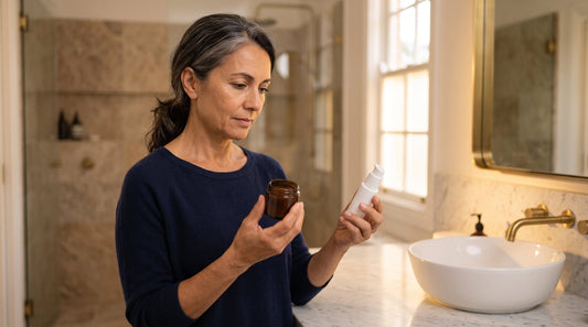 Woman in her fifties comparing two unbranded eye products at a bathroom bench