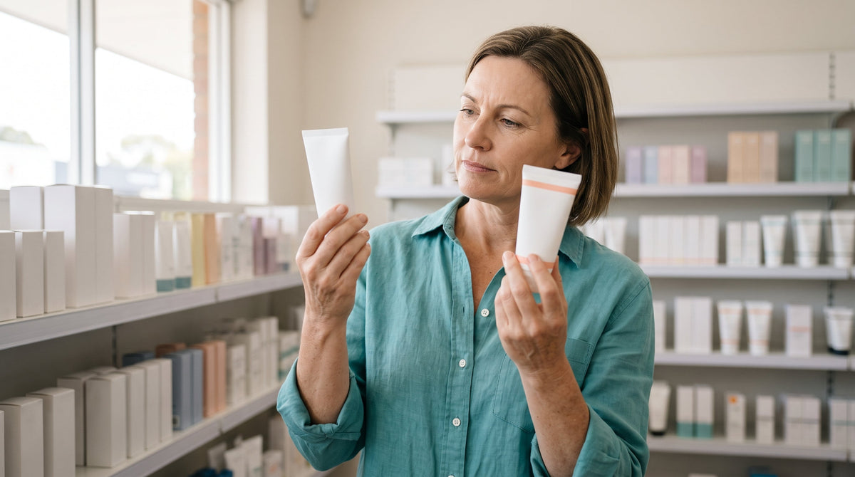 Woman over 45 comparing two similar silicone scar gel tubes in an Australian pharmacy aisle, choosing between Dermatix and Dermatix Ultra