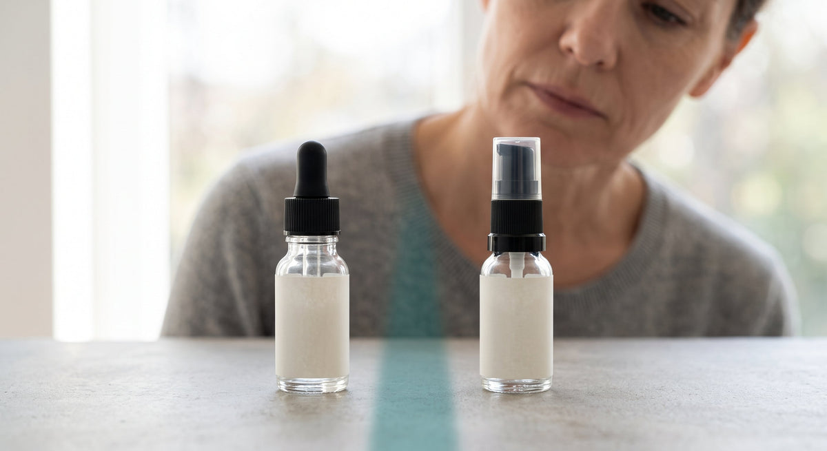 Two 15ml unbranded peptide eye serum bottles side by side, comparing The Ordinary Multi-Peptide Eye Serum with Genova Perfecting Eye Serum after 45