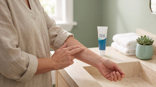 Woman over 45 gently massaging a clear scar gel into a healed scar on her forearm