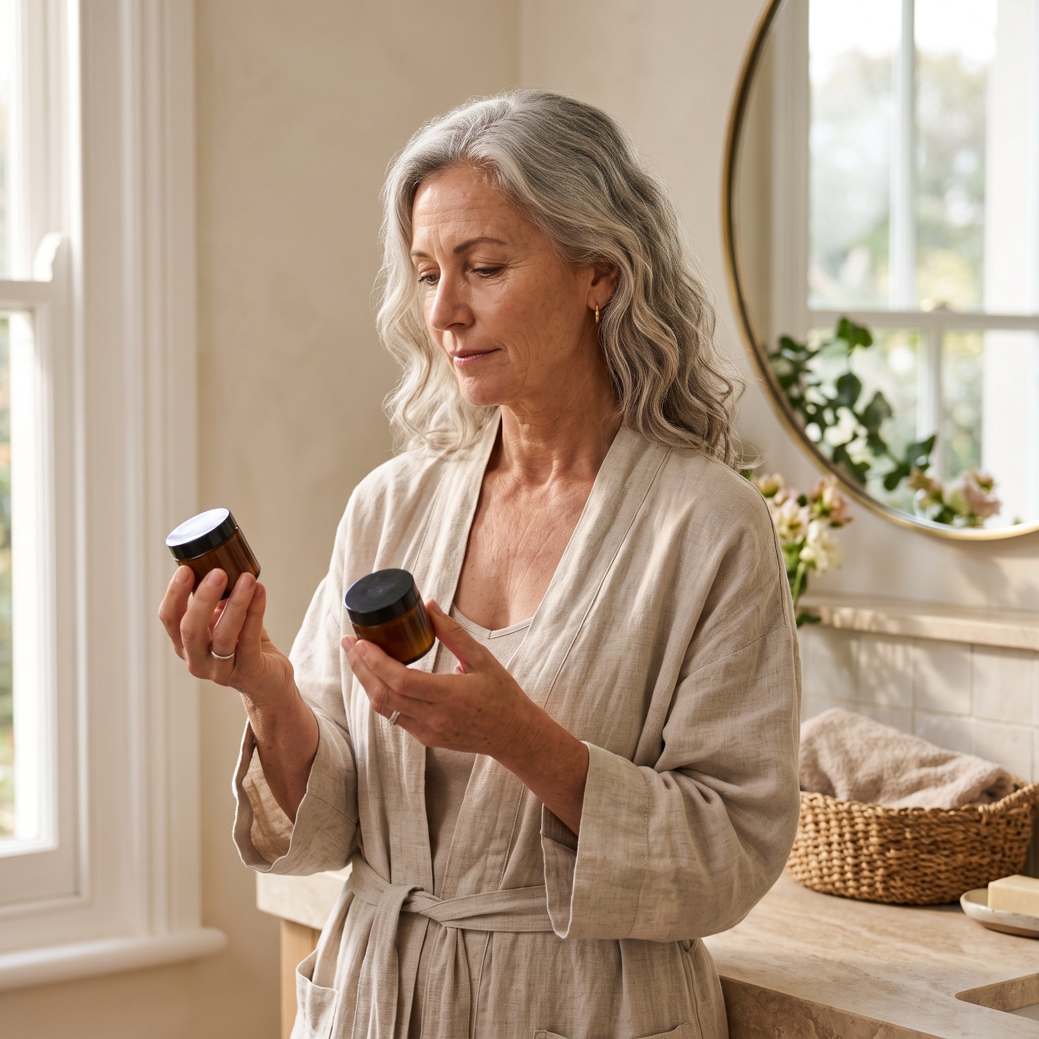 A menopausal woman evaluating Estriol and Estradol bottles