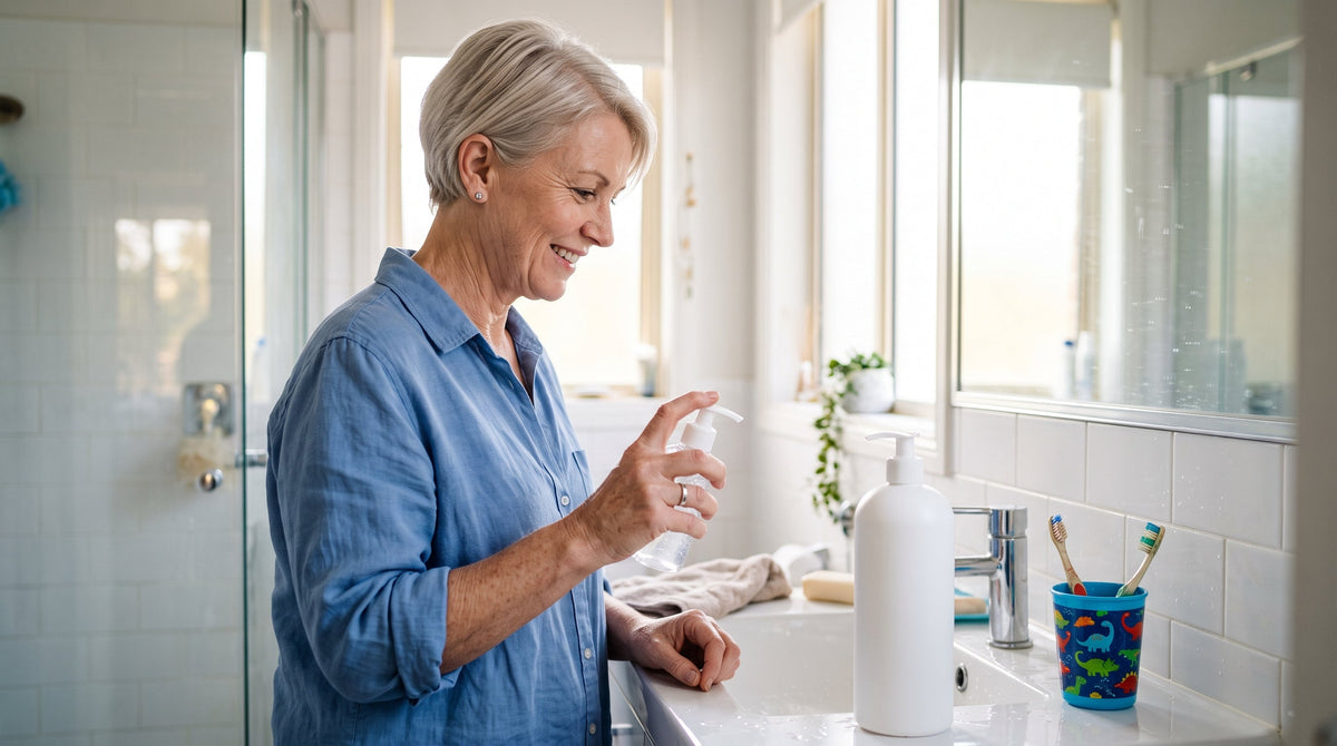 Woman in her fifties holding a small gel cleanser pump beside a large family-size cleanser bottle at a bathroom basin