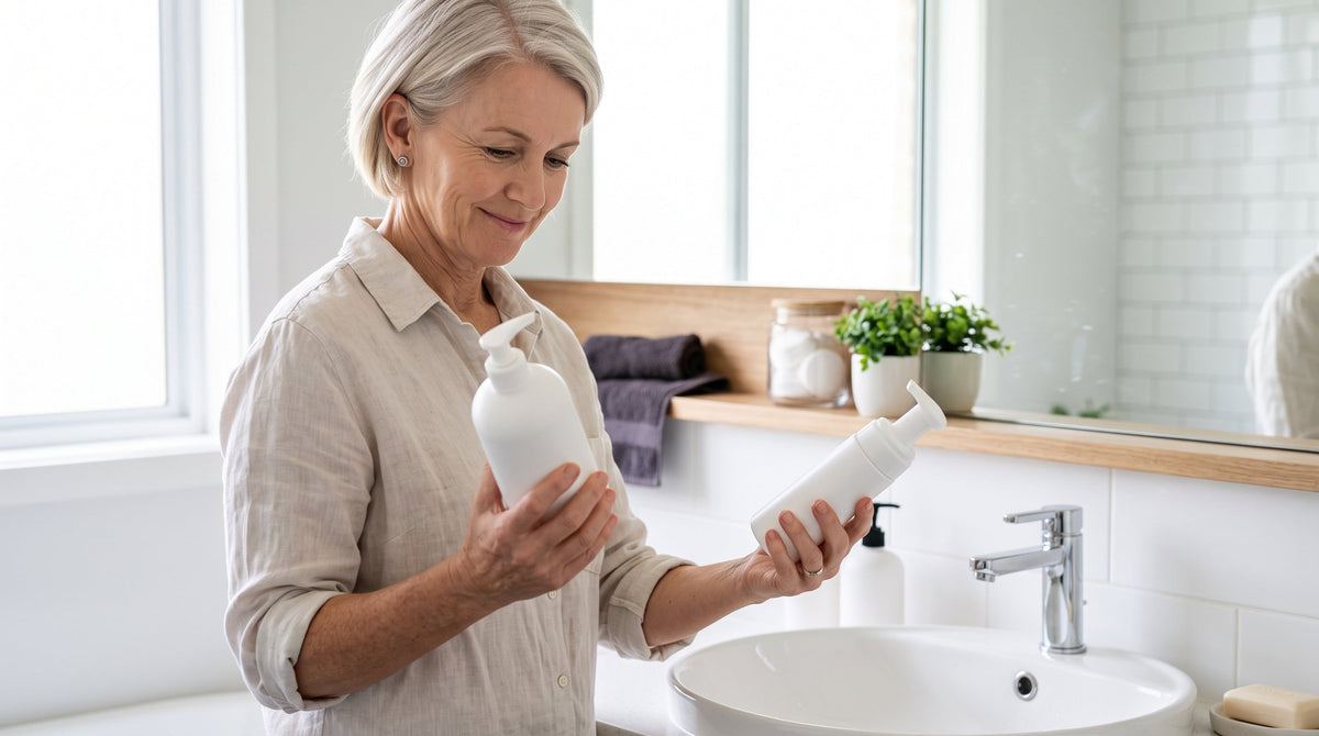 Woman in her fifties comparing a large pharmacy cleanser bottle with a smaller foaming face cleanser at a bathroom basin
