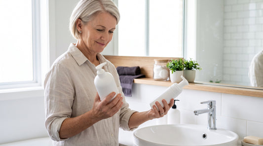 Woman in her fifties comparing a large pharmacy cleanser bottle with a smaller foaming face cleanser at a bathroom basin