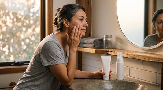 Woman in her late forties checking a dry cheek in the mirror beside two plain cleanser bottles