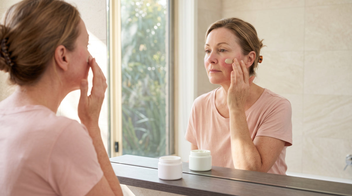 Woman in her fifties blending a green colour-correcting cream over redness on her cheek