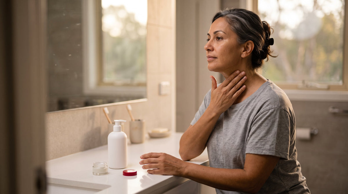 Woman in her late forties applying firming cream upward along her neck beside two plain cream containers