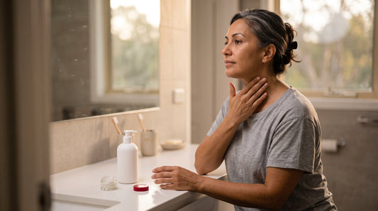 Woman in her late forties applying firming cream upward along her neck beside two plain cream containers