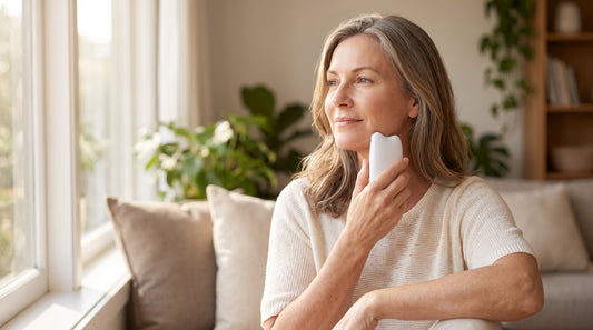 Woman in her fifties holding a handheld facial device along her jawline by a sunny window