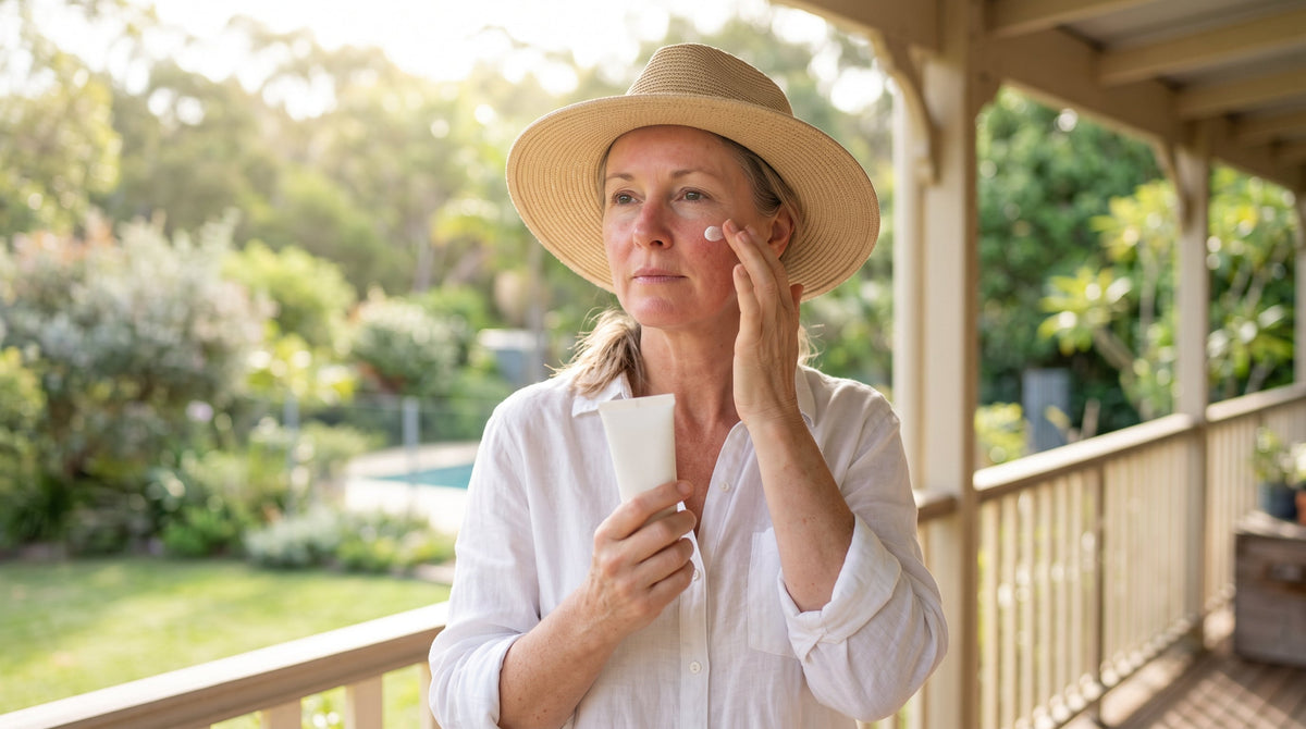Woman in her fifties patting sunscreen onto red cheeks on a shaded verandah
