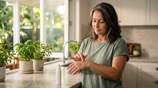 Woman in her fifties applying serum to a sun spot on the back of her hand