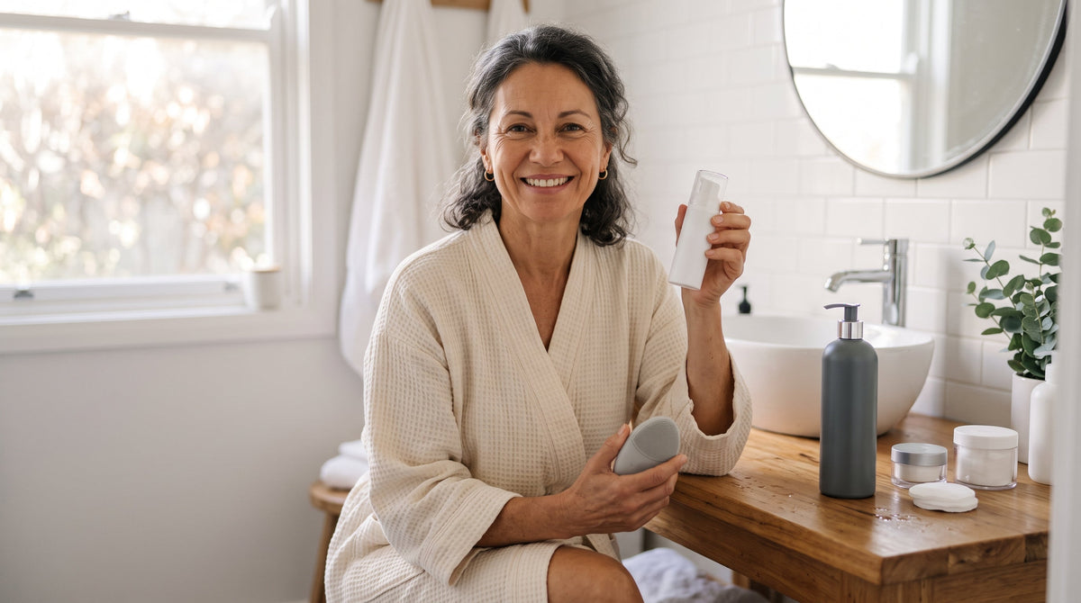 Woman in her fifties holding a small gel cleanser pump and a silicone cleansing device beside a tall salon cleanser bottle