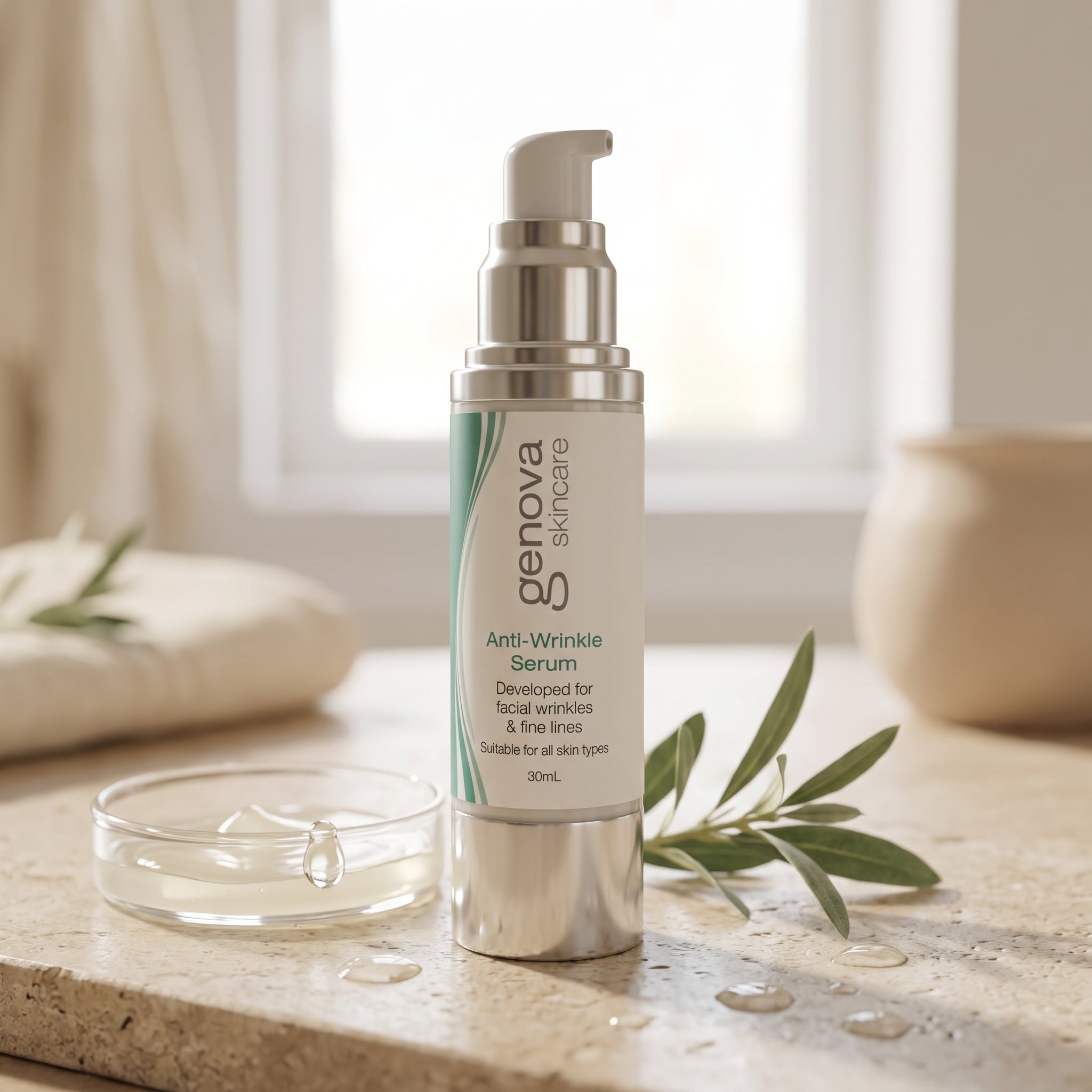 A bottle of Genova Anti Wrinkle Serum