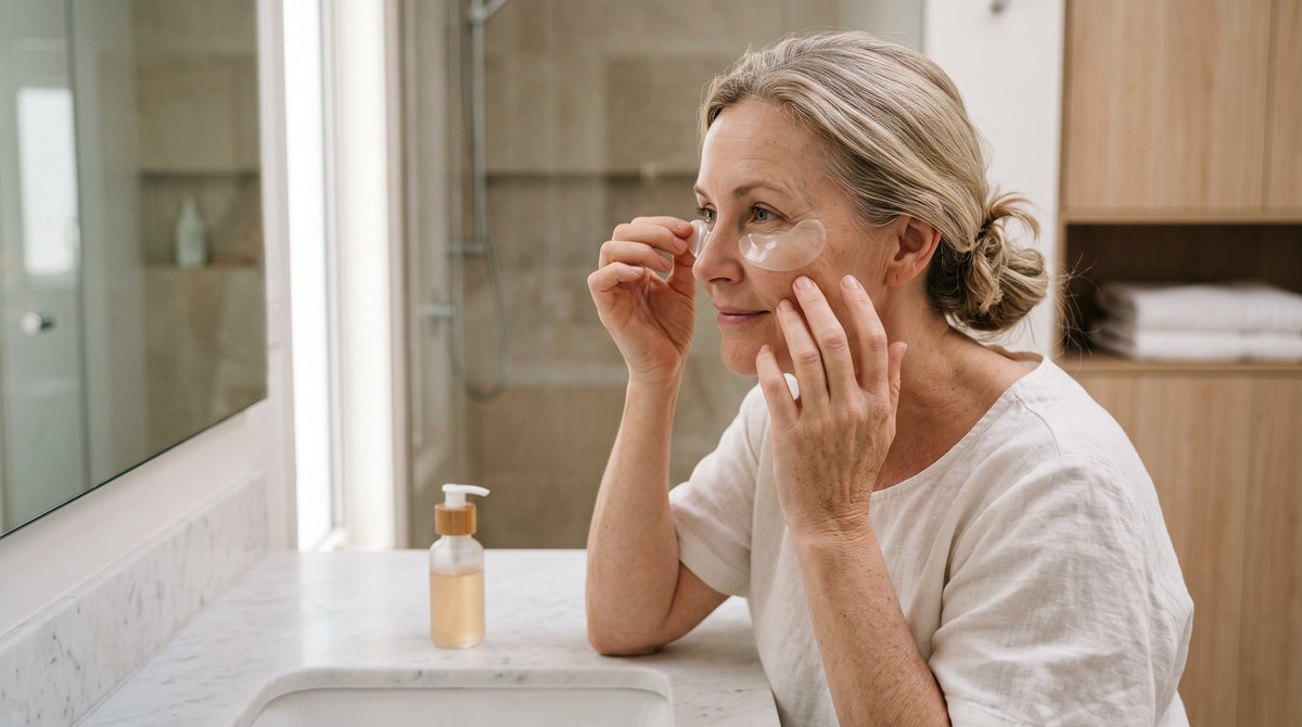 Woman in her fifties removing an under-eye patch with an eye serum bottle beside her