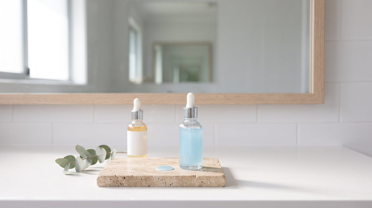 Dropper bottle of pale blue copper peptide serum on a stone bench in soft daylight