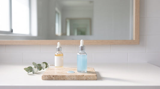 Dropper bottle of pale blue copper peptide serum on a stone bench in soft daylight